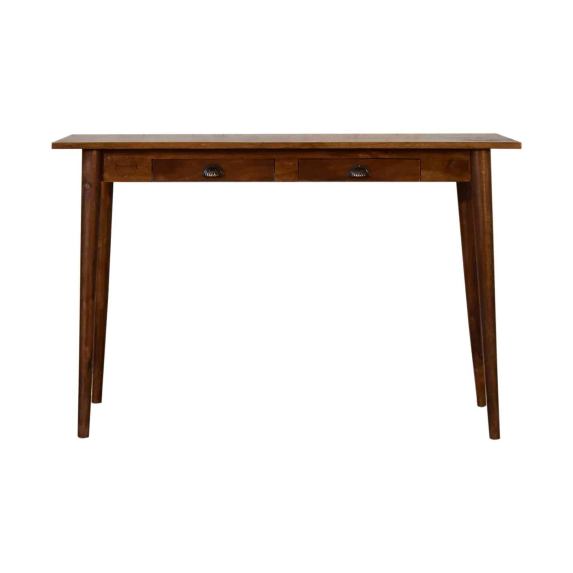 Pikka Study Table made from Sheesham wood, honey finish, detachable round legs and 2 drawers.