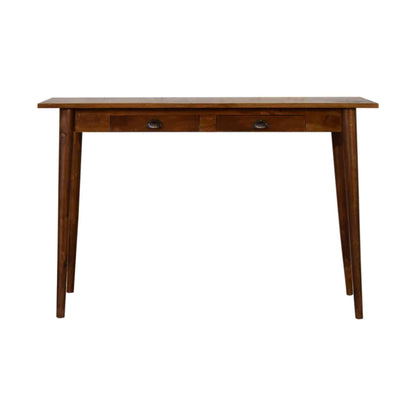 Pikka Study Table made from Sheesham wood, honey finish, detachable round legs and 2 drawers.