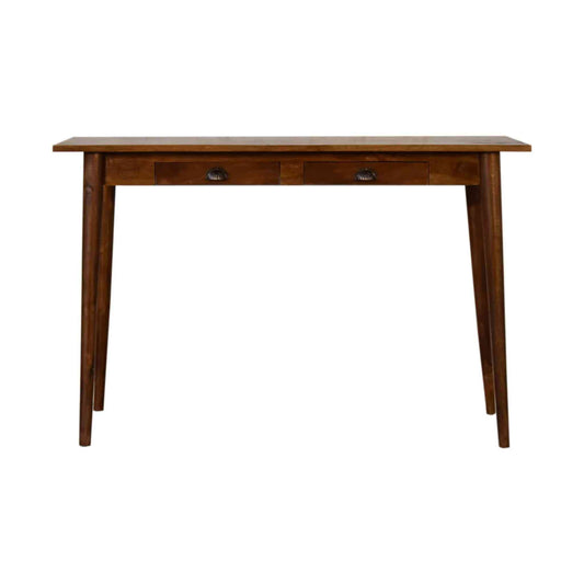 Pikka Study Table made from Sheesham wood, honey finish, detachable round legs and 2 drawers.