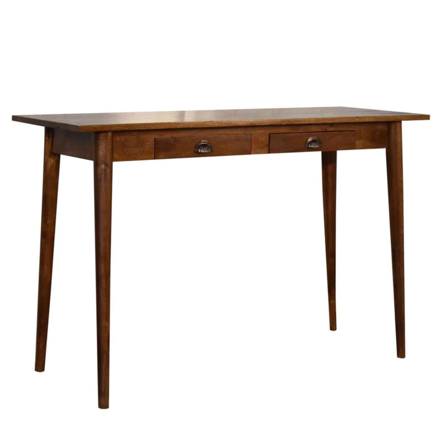 Pikka Study Table made from Sheesham wood, honey finish, detachable round legs and 2 drawers.