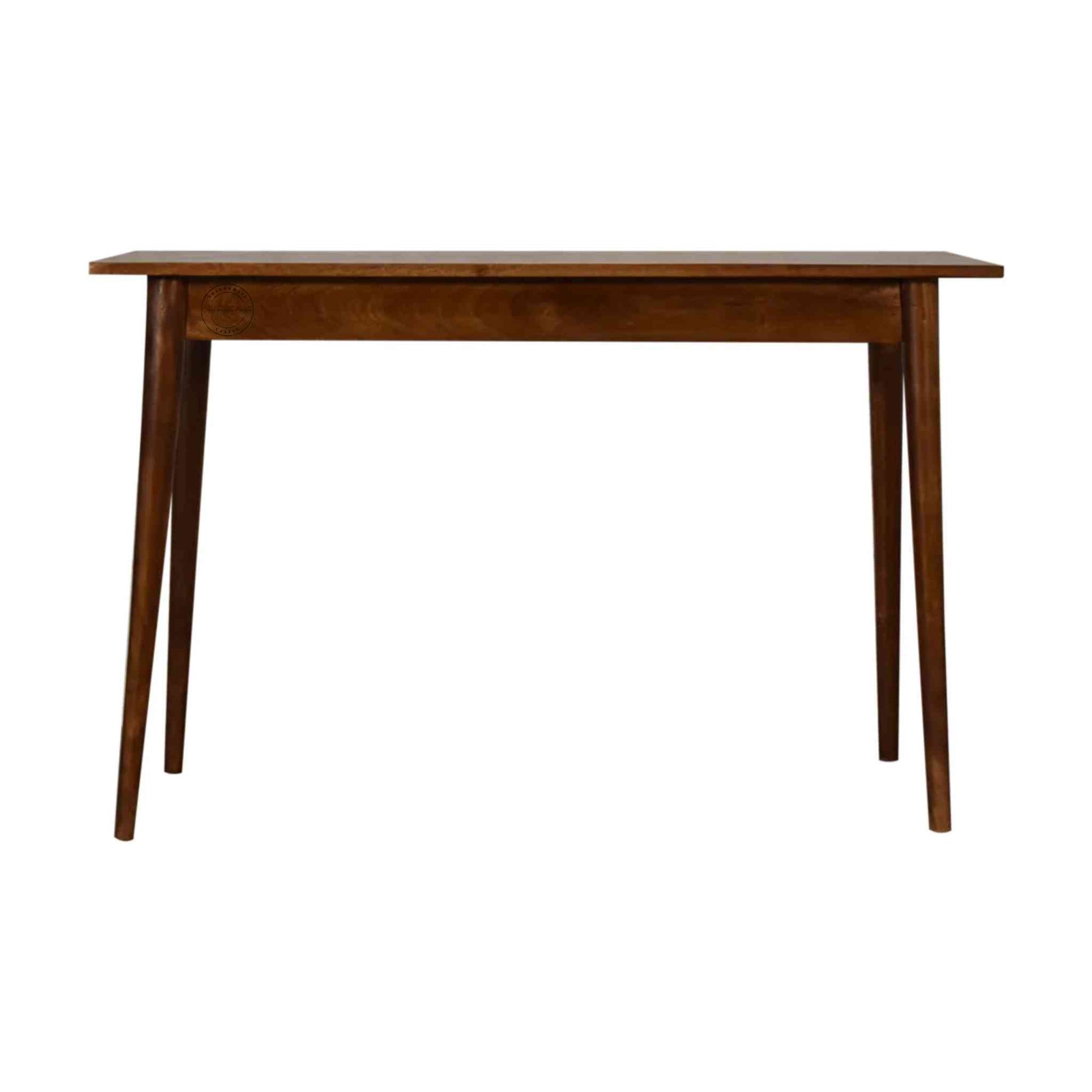Pikka Study Table made from Sheesham wood, honey finish, detachable round legs and 2 drawers.