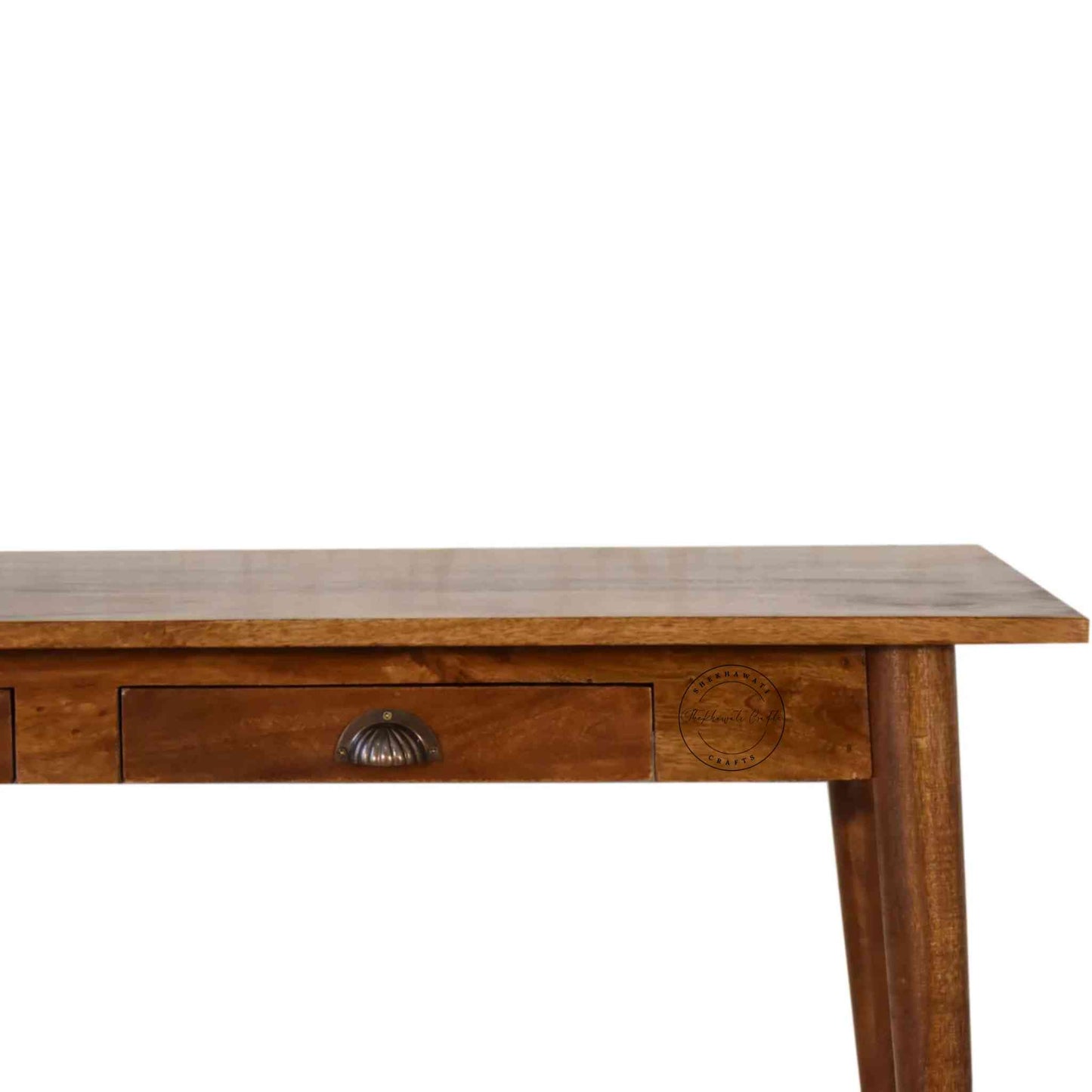 Pikka Study Table made from Sheesham wood, honey finish, detachable round legs and 2 drawers.