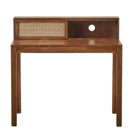 Rattan Study Table handcrafted with mango wood, natural finish, rattan sliding door, and foldable legs.