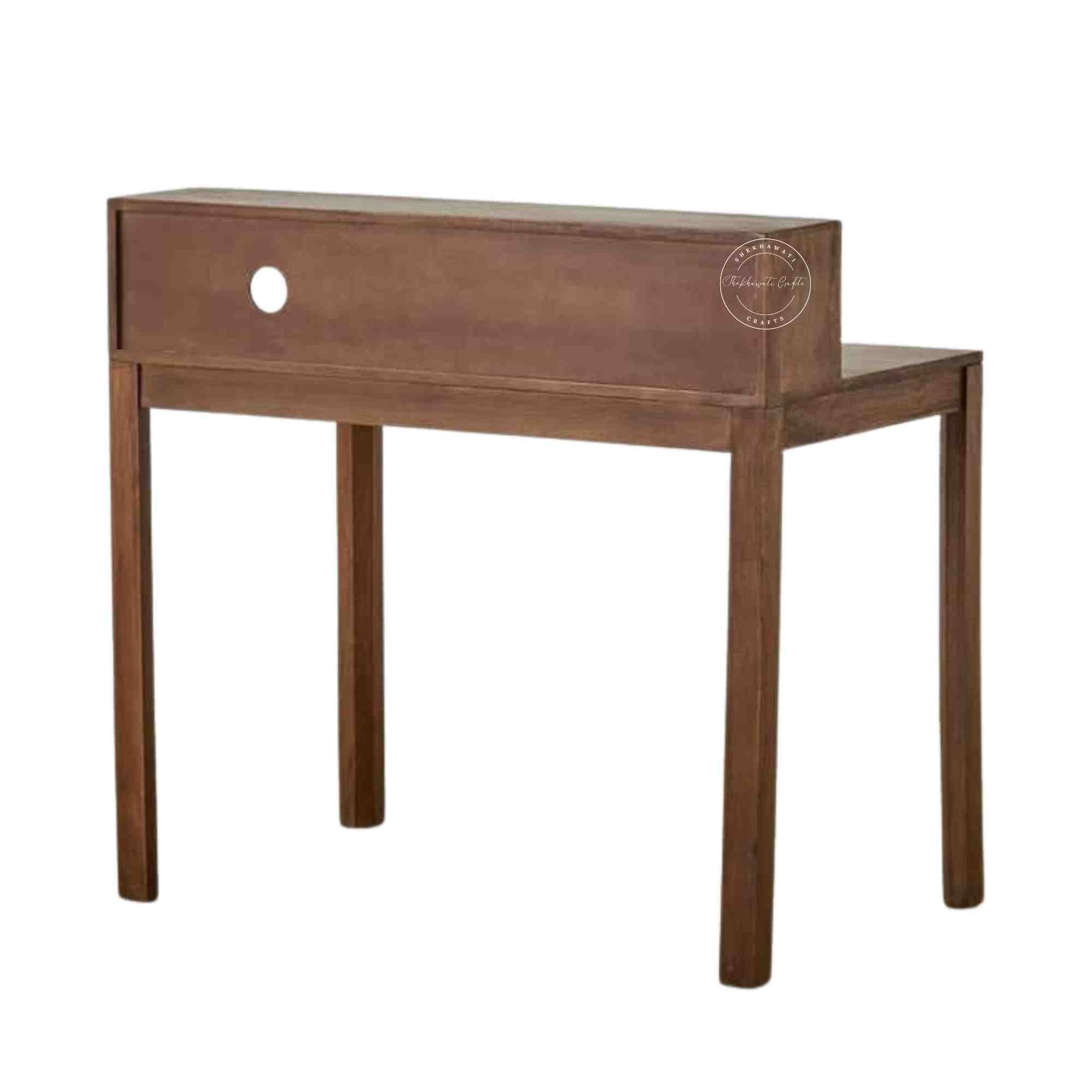 Rattan Study Table handcrafted with mango wood, natural finish, rattan sliding door, and foldable legs.