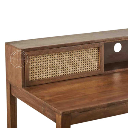 Rattan Study Table handcrafted with mango wood, natural finish, rattan sliding door, and foldable legs.