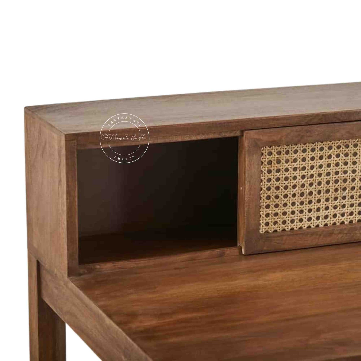 Rattan Study Table handcrafted with mango wood, natural finish, rattan sliding door, and foldable legs.