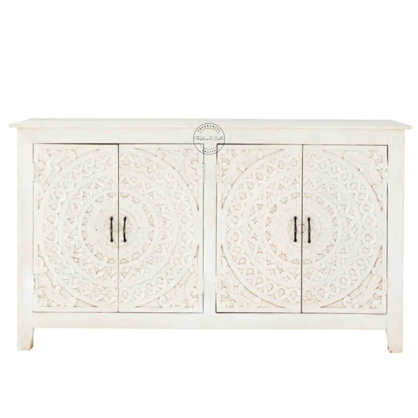 Reyhana handcrafted sideboard made from mango wood features a rustic white finish, with 4 hand-carved doors and foldable shelves.