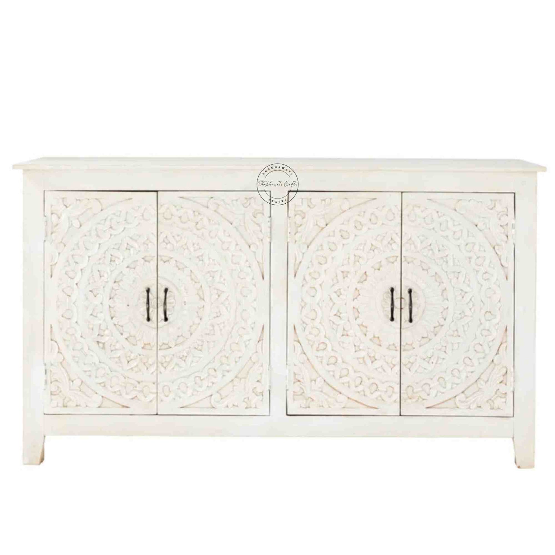 Reyhana handcrafted sideboard made from mango wood features a rustic white finish, with 4 hand-carved doors and foldable shelves.