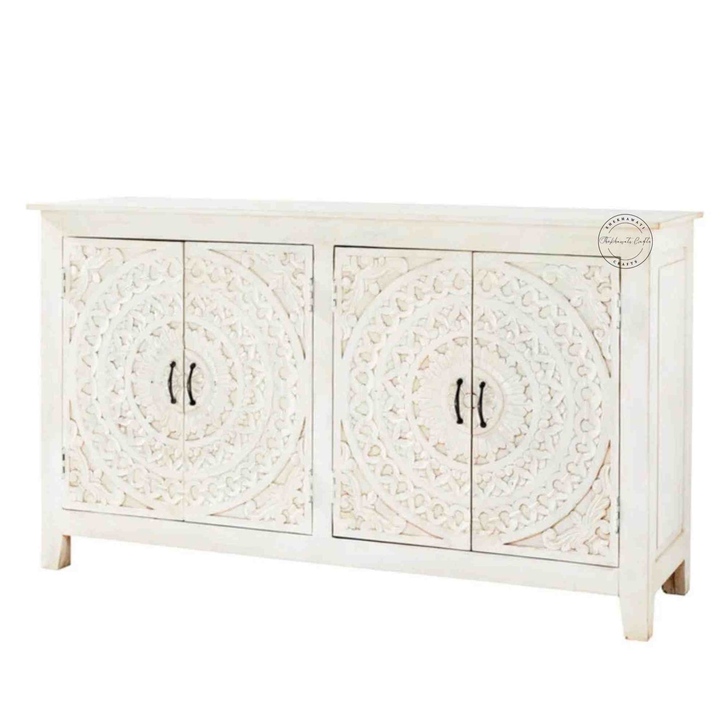 Reyhana handcrafted sideboard made from mango wood features a rustic white finish, with 4 hand-carved doors and foldable shelves.