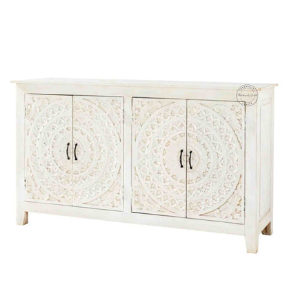 Reyhana handcrafted sideboard made from mango wood features a rustic white finish, with 4 hand-carved doors and foldable shelves.