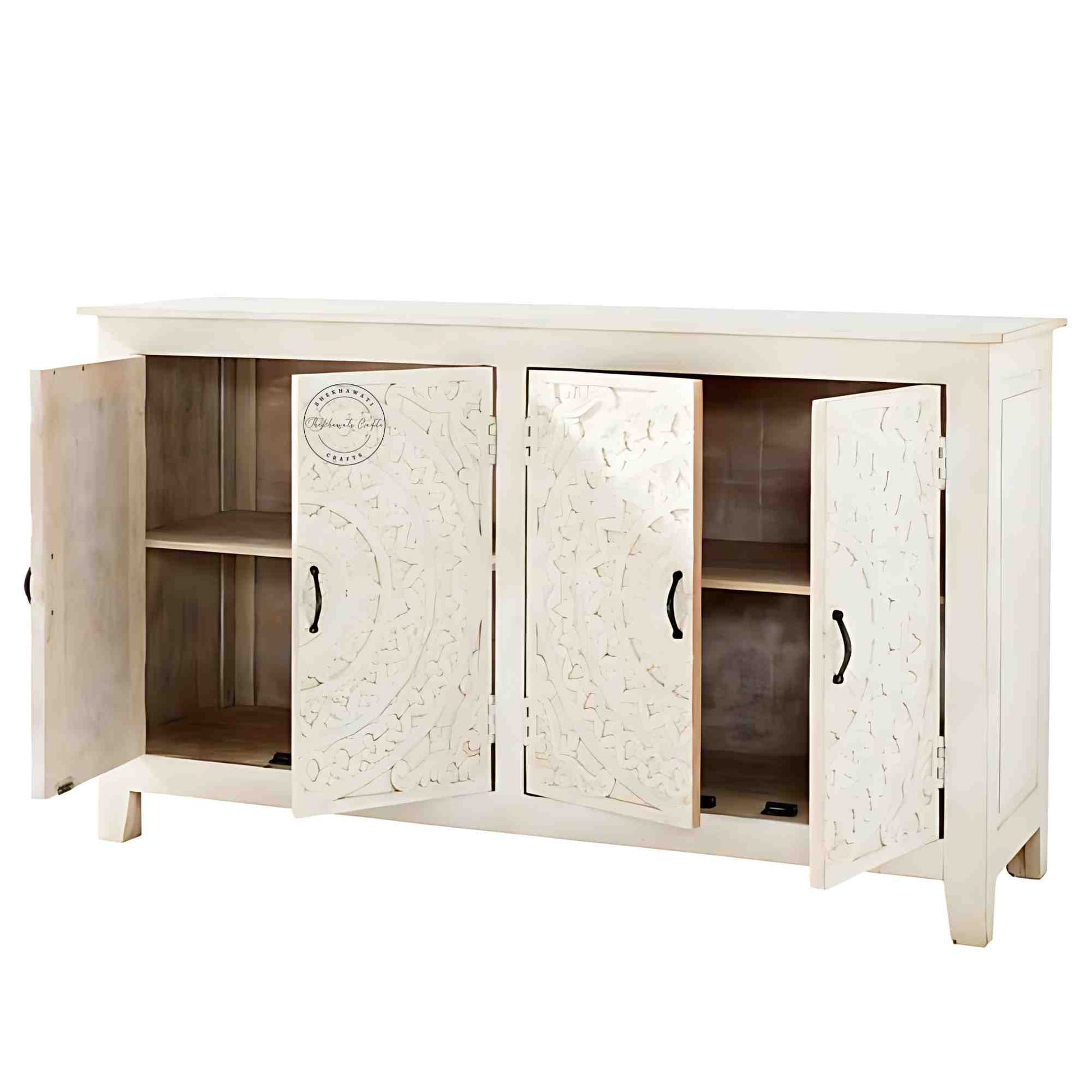 Reyhana handcrafted sideboard made from mango wood features a rustic white finish, with 4 hand-carved doors and foldable shelves.