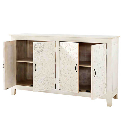 Reyhana handcrafted sideboard made from mango wood features a rustic white finish, with 4 hand-carved doors and foldable shelves.