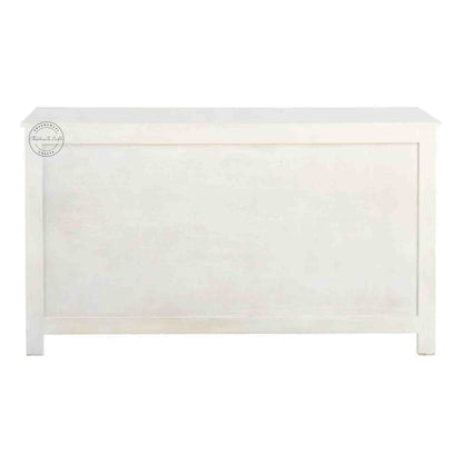 Reyhana handcrafted sideboard made from mango wood features a rustic white finish, with 4 hand-carved doors and foldable shelves.