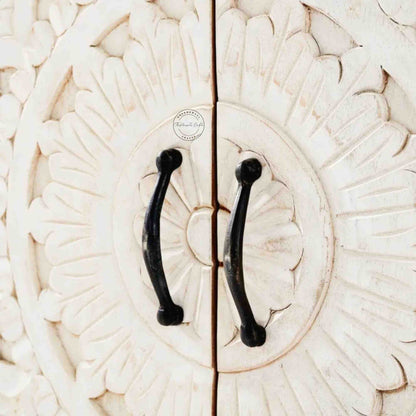 Reyhana handcrafted sideboard made from mango wood features a rustic white finish, with 4 hand-carved doors and foldable shelves.