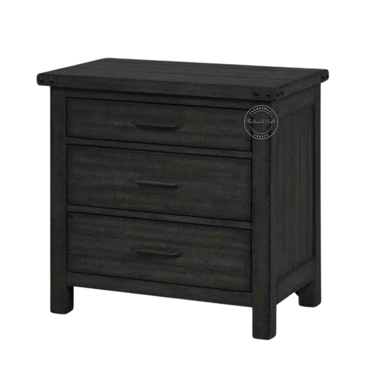 Ridhan Chest of Drawer is Handcrafted with mango wood with a matte black finish, a wooden cabinet with 3 drawers.