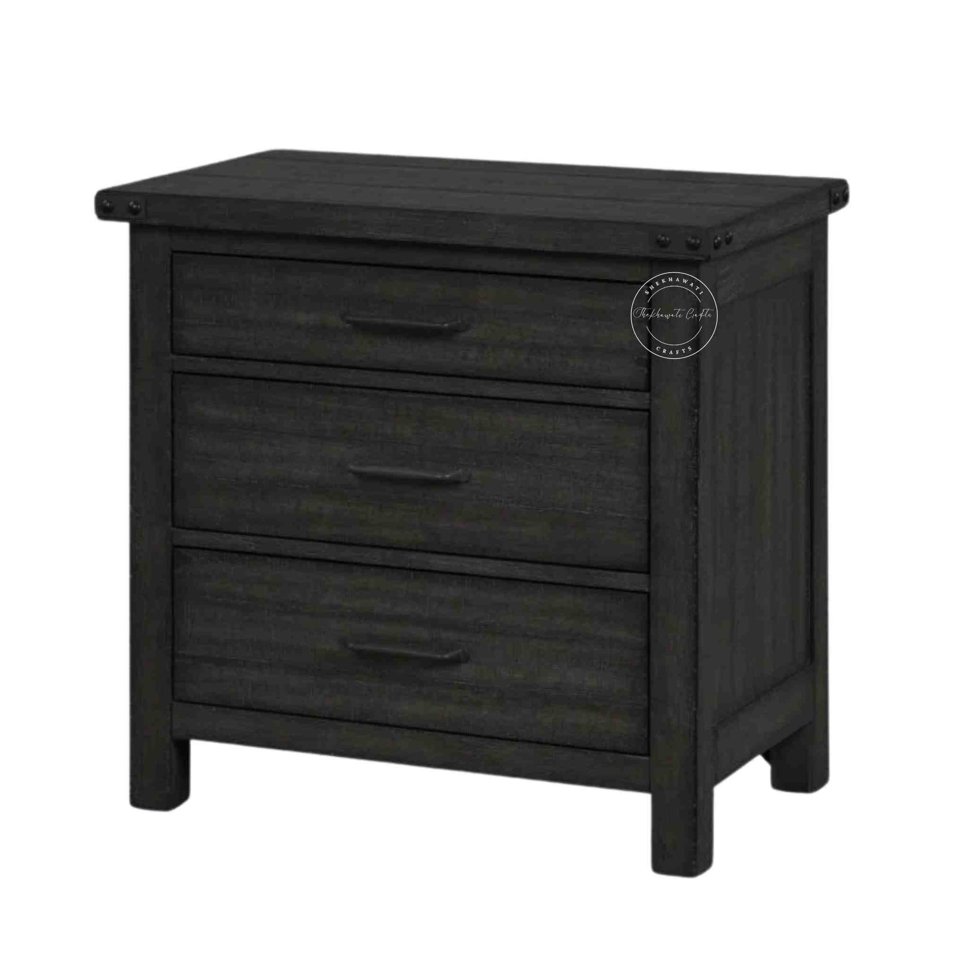 Ridhan Chest of Drawer is Handcrafted with mango wood with a matte black finish, a wooden cabinet with 3 drawers.