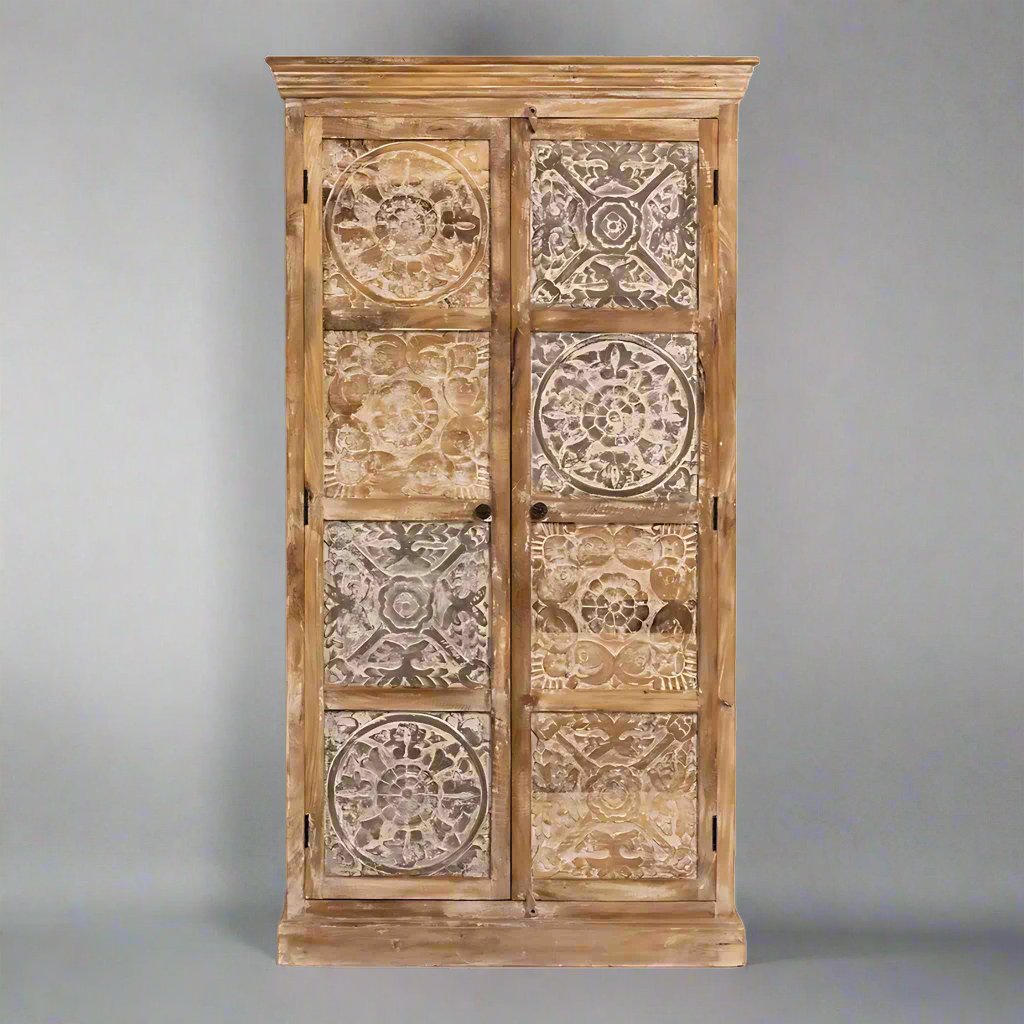 Hand-carved vintage wooden almira with a rustic finish. Spacious and made from durable, termite-free mango wood.