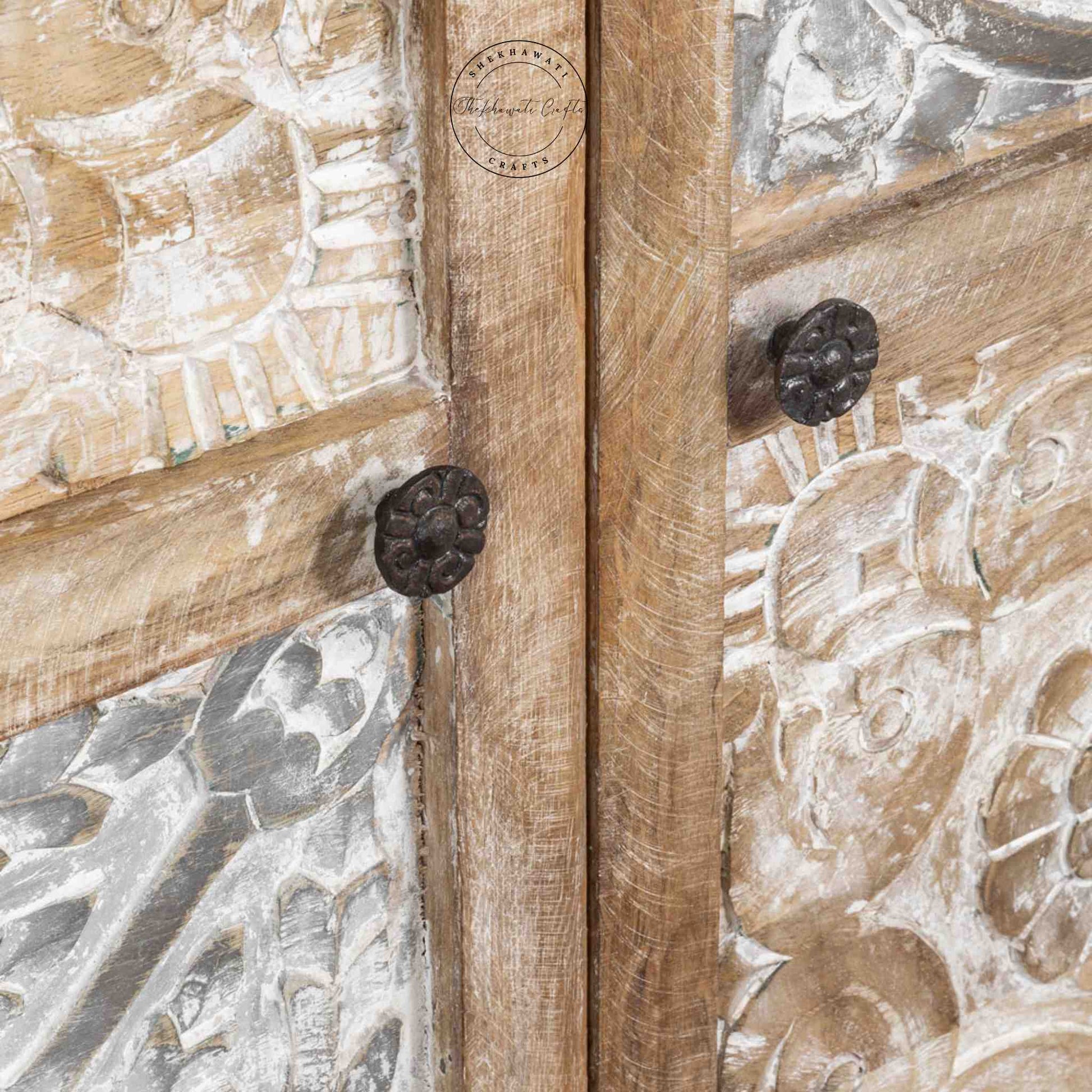 Hand-carved vintage wooden almira with a rustic finish. Spacious and made from durable, termite-free mango wood.