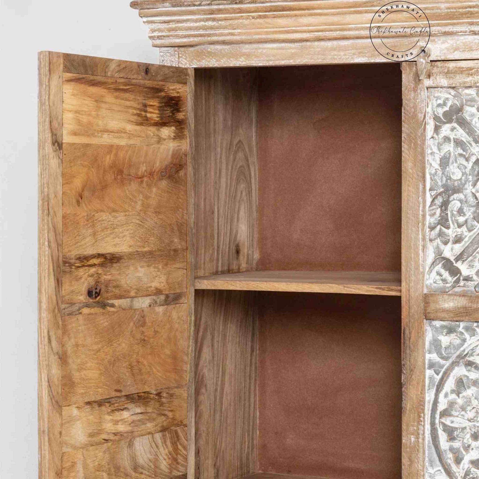 Hand-carved vintage wooden almira with a rustic finish. Spacious and made from durable, termite-free mango wood.