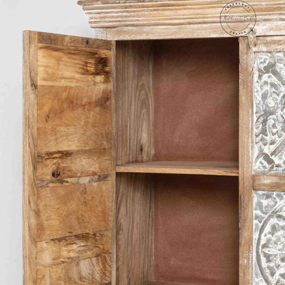 Hand-carved vintage wooden almira with a rustic finish. Spacious and made from durable, termite-free mango wood.