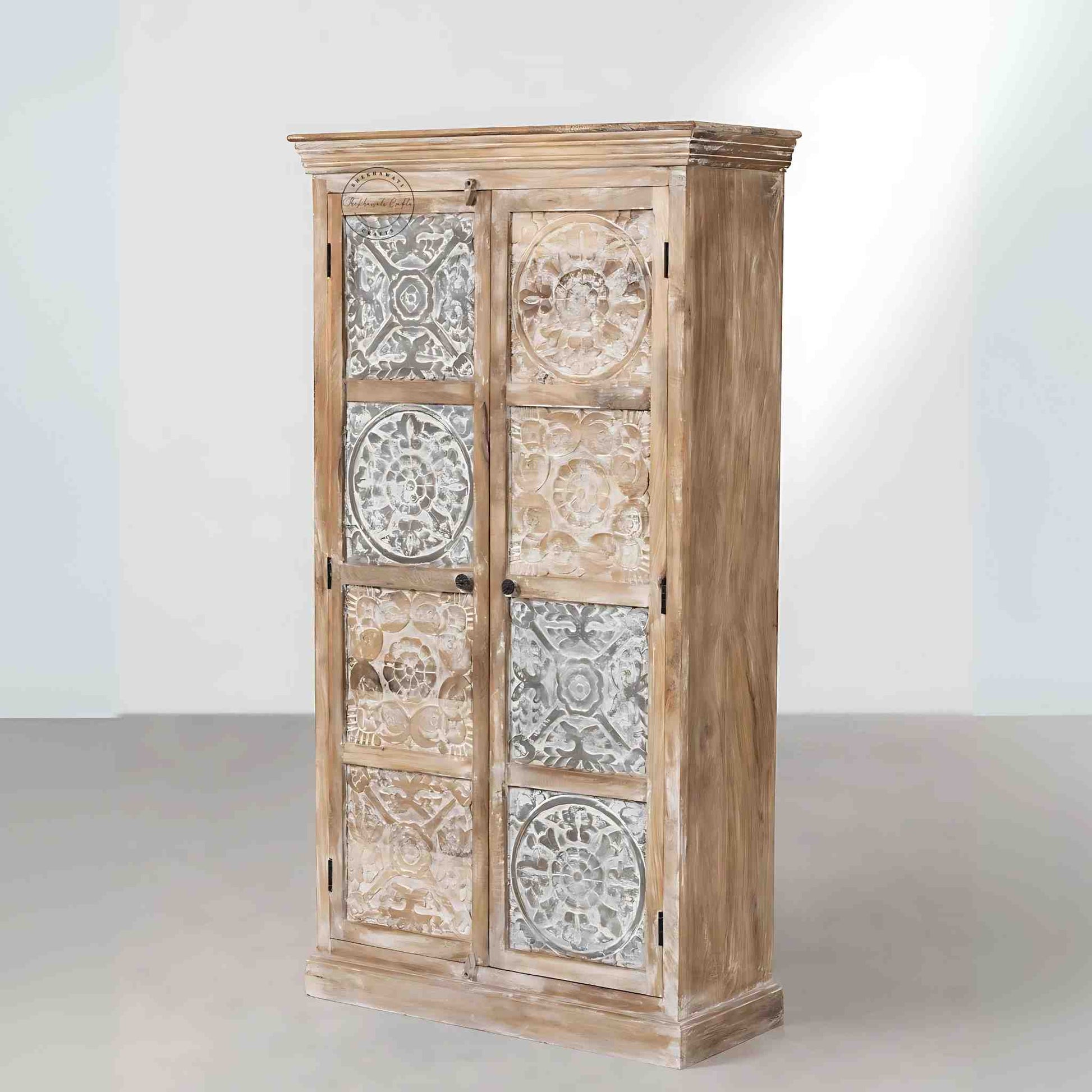 Hand-carved vintage wooden almira with a rustic finish. Spacious and made from durable, termite-free mango wood.