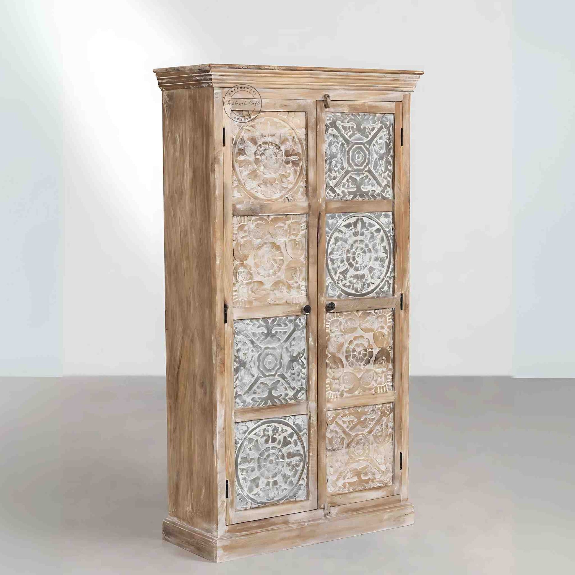 Hand-carved vintage wooden almira with a rustic finish. Spacious and made from durable, termite-free mango wood.