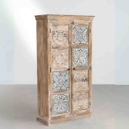 Hand-carved vintage wooden almira with a rustic finish. Spacious and made from durable, termite-free mango wood.