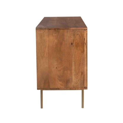 Handcrafted Riviera Rattan Acacia Wood Sideboard with 3 doors and a natural stain finish.