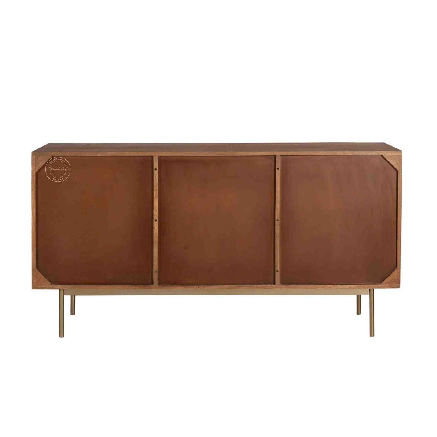 Handcrafted Riviera Rattan Acacia Wood Sideboard with 3 doors and a natural stain finish.