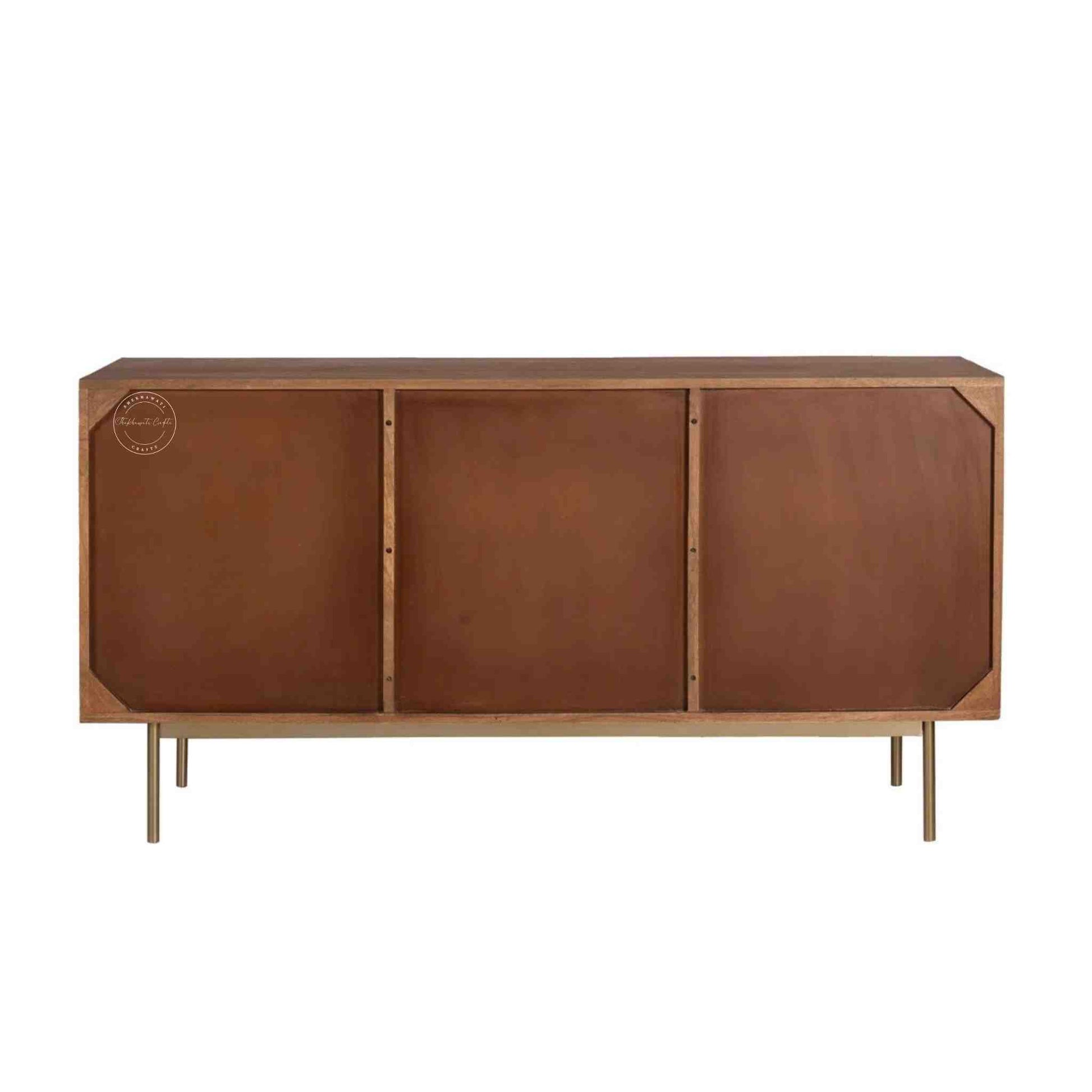 Handcrafted Riviera Rattan Acacia Wood Sideboard with 3 doors and a natural stain finish.