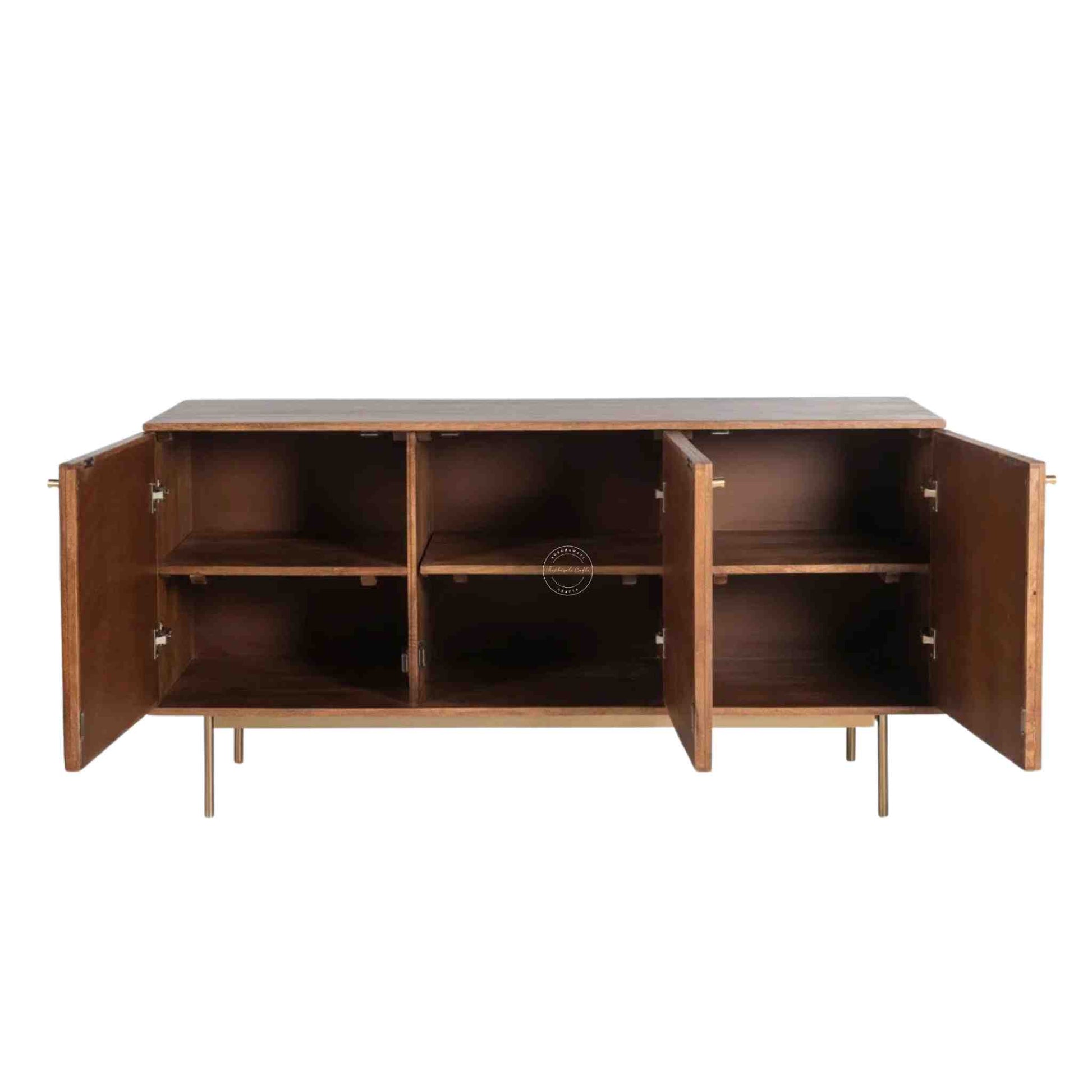 Handcrafted Riviera Rattan Acacia Wood Sideboard with 3 doors and a natural stain finish.