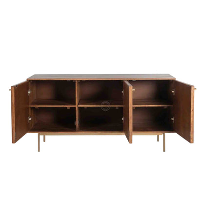 Handcrafted Riviera Rattan Acacia Wood Sideboard with 3 doors and a natural stain finish.
