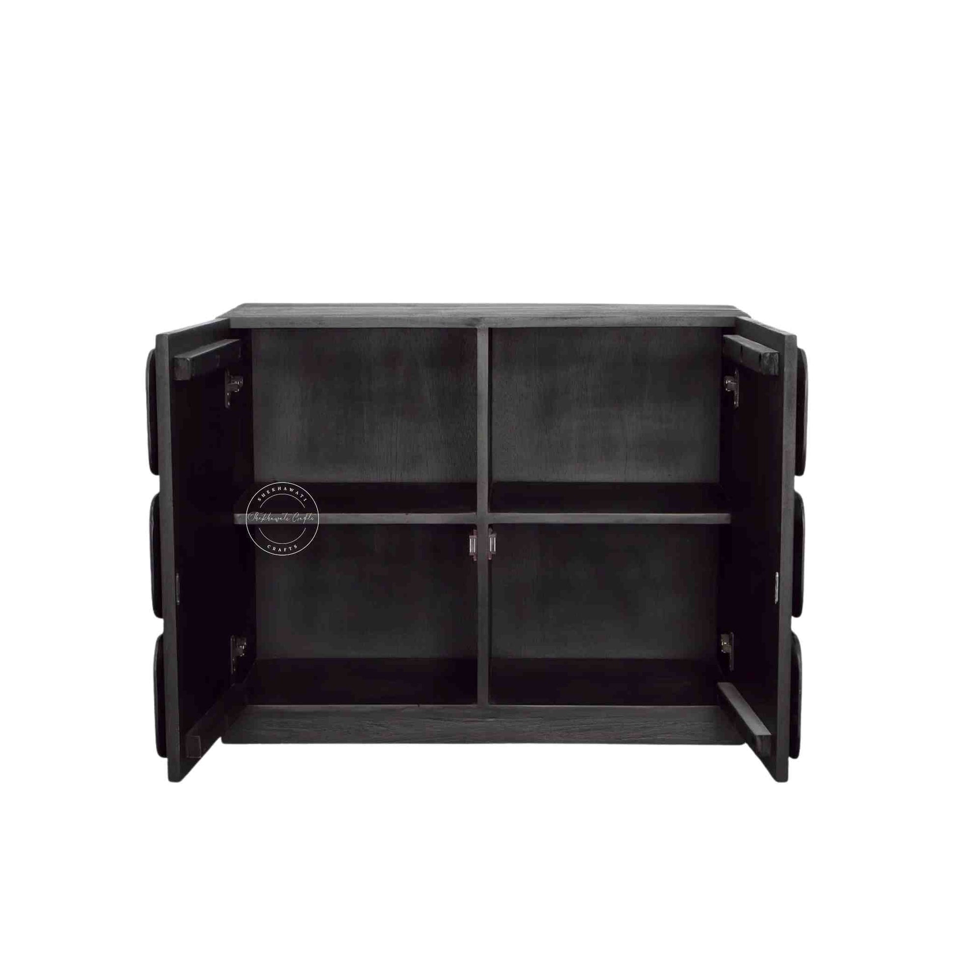 Royal Aravalli Sideboard is handmade from solid mango wood and a matte black finish.