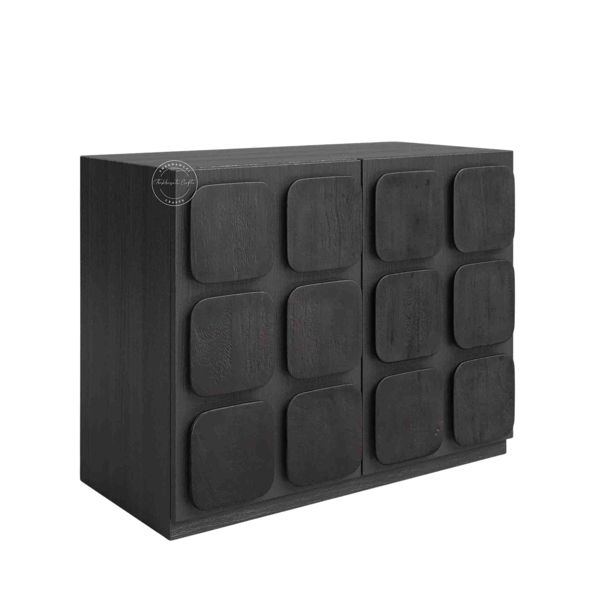 Royal Aravalli Sideboard is handmade from solid mango wood and a matte black finish.