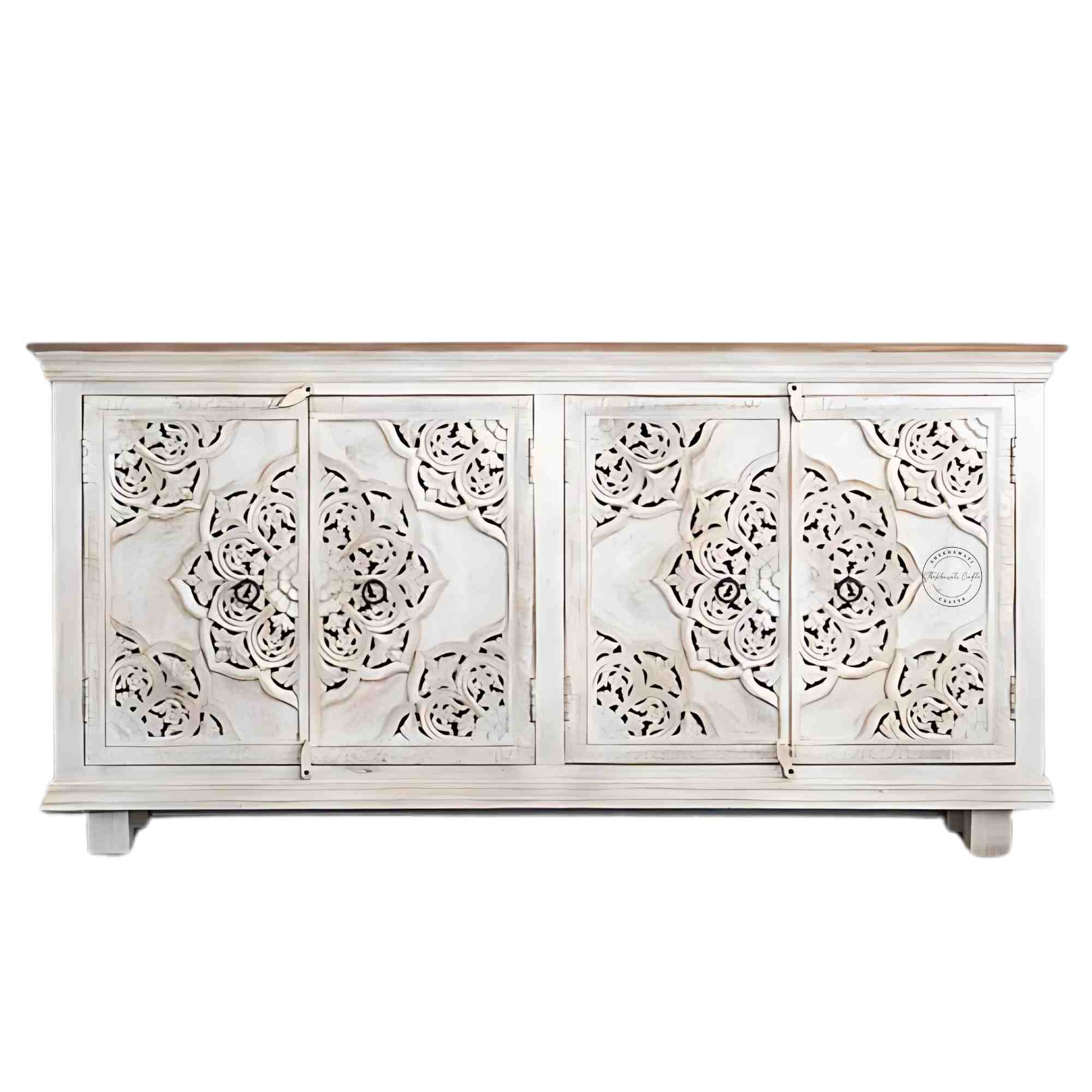 Hand-carved wooden Shekhawati furniture style sideboard with rustic white finish, solid mango wood and storage furniture. 