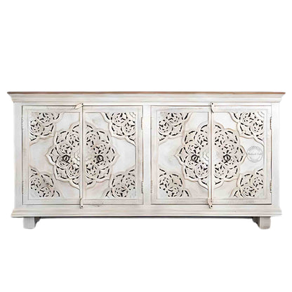 Hand-carved wooden Shekhawati furniture style sideboard with rustic white finish, solid mango wood and storage furniture. 