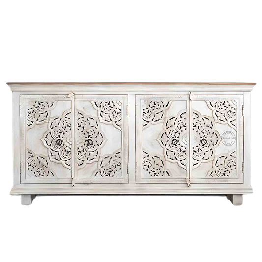 Hand-carved wooden Shekhawati furniture style sideboard with rustic white finish, solid mango wood and storage furniture. 