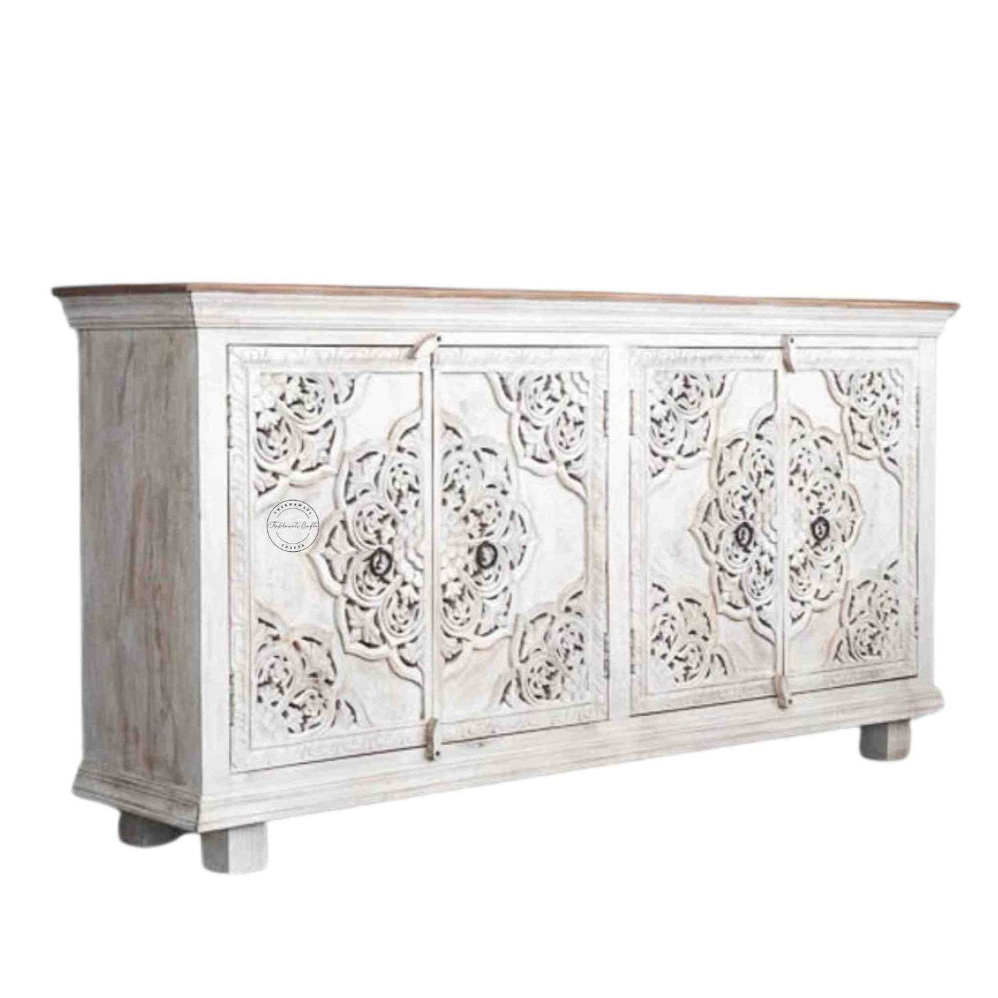 Hand-carved wooden Shekhawati furniture style sideboard with rustic white finish, solid mango wood and storage furniture. 