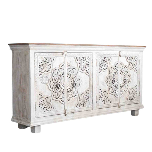 Hand-carved wooden Shekhawati furniture style sideboard with rustic white finish, solid mango wood and storage furniture. 