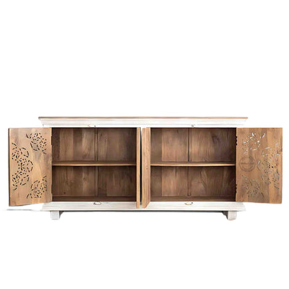 Hand-carved wooden Shekhawati furniture style sideboard with rustic white finish, solid mango wood and storage furniture. 