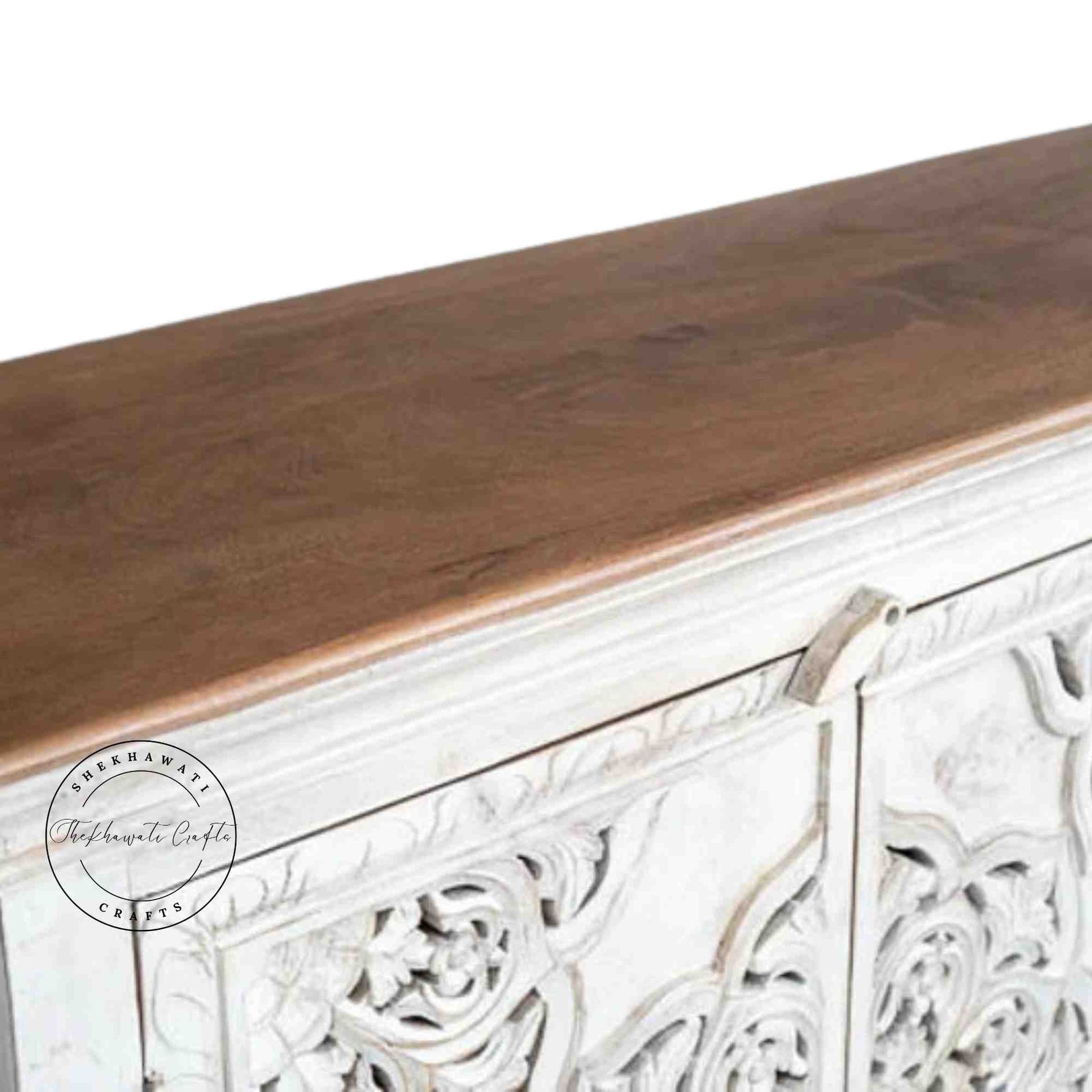 Hand-carved wooden Shekhawati furniture style sideboard with rustic white finish, solid mango wood and storage furniture. 