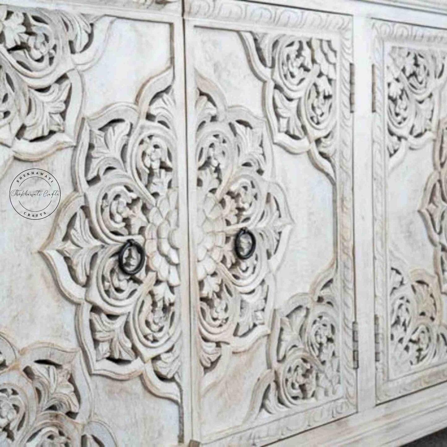 Hand-carved wooden Shekhawati furniture style sideboard with rustic white finish, solid mango wood and storage furniture. 