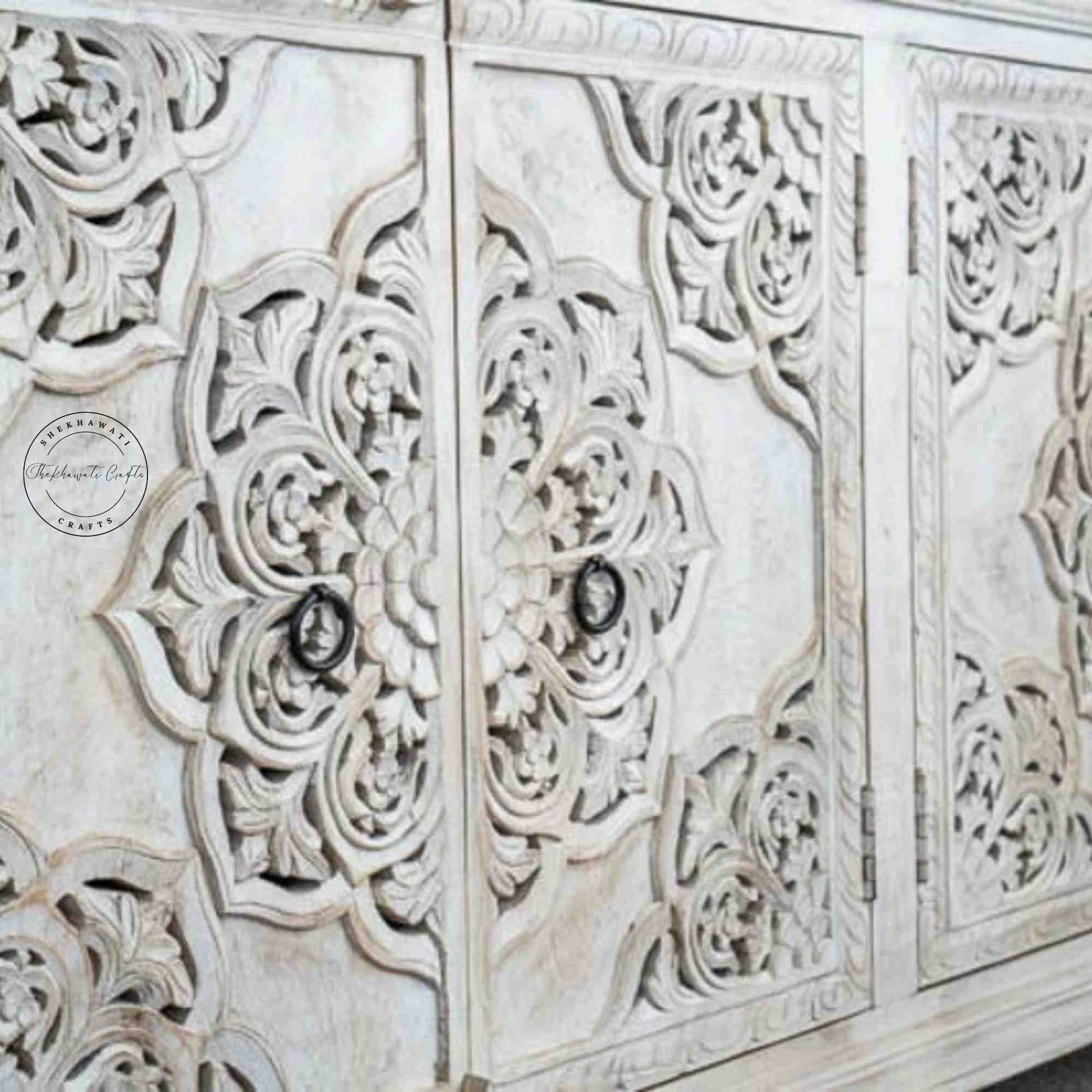 Hand-carved wooden Shekhawati furniture style sideboard with rustic white finish, solid mango wood and storage furniture. 