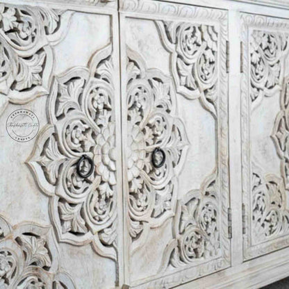 Hand-carved wooden Shekhawati furniture style sideboard with rustic white finish, solid mango wood and storage furniture. 