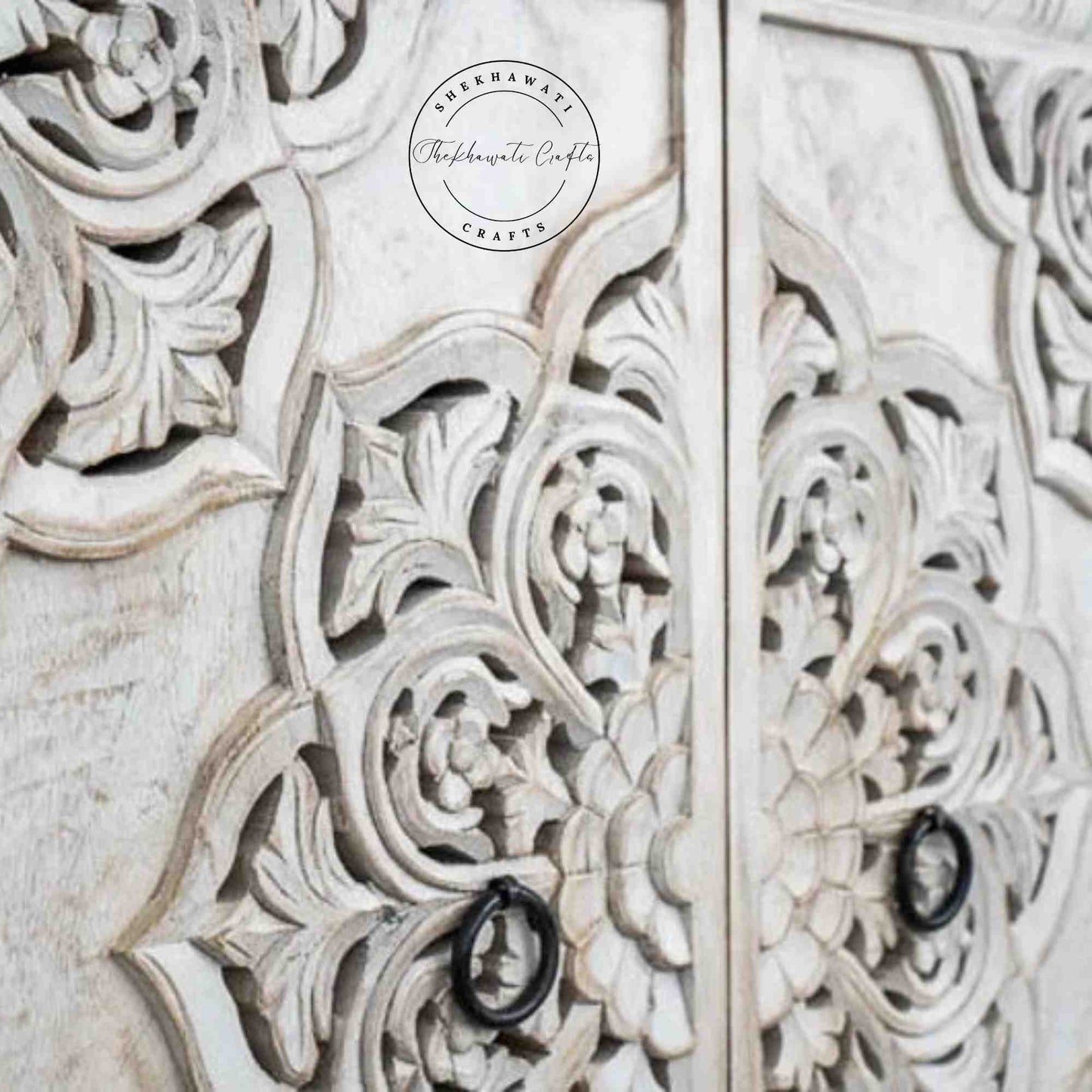 Hand-carved wooden Shekhawati furniture style sideboard with rustic white finish, solid mango wood and storage furniture. 