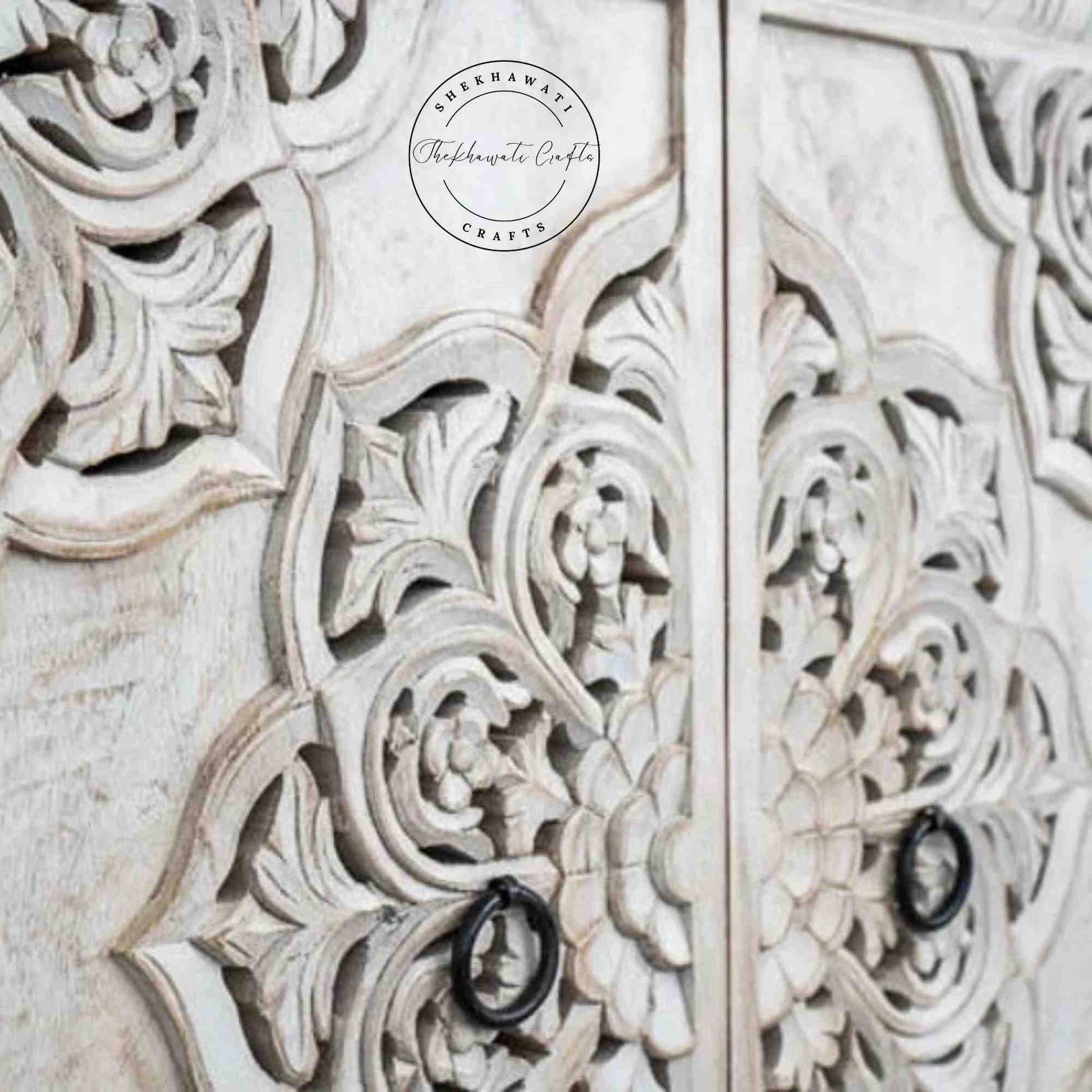 Hand-carved wooden Shekhawati furniture style sideboard with rustic white finish, solid mango wood and storage furniture. 
