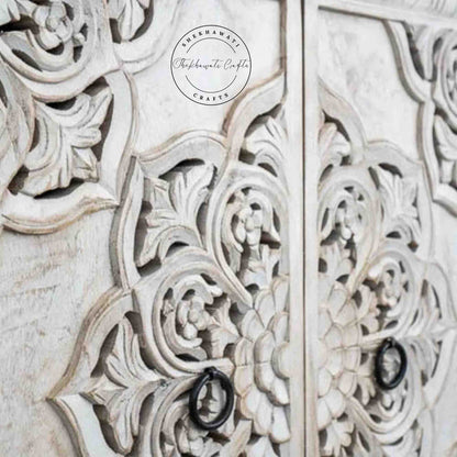 Hand-carved wooden Shekhawati furniture style sideboard with rustic white finish, solid mango wood and storage furniture. 