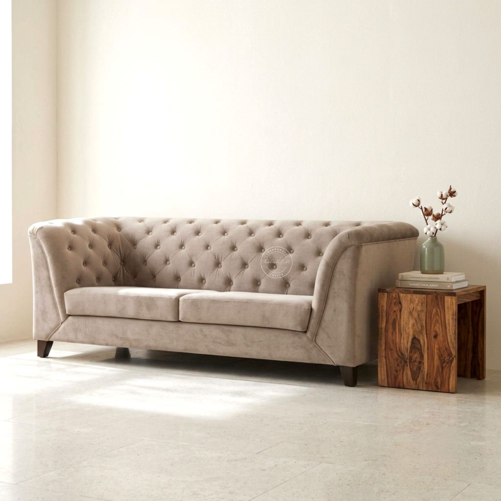 A beige tufted velvet loveseat sofa in a bright, minimalist room, styled with a rustic wooden side table.