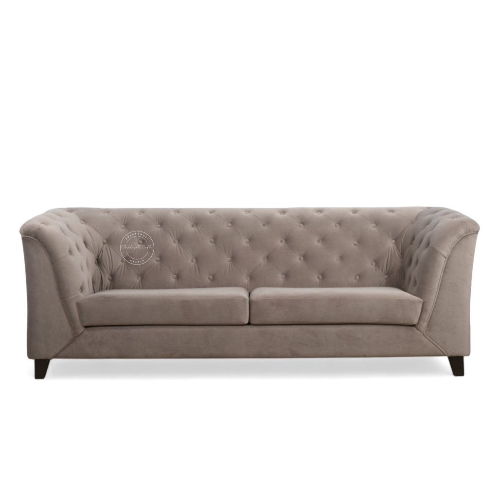 A classic tufted loveseat sofa upholstered in a textured taupe fabric, featuring dark wooden legs, shown against a plain white background.