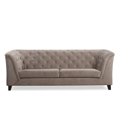 A classic tufted loveseat sofa upholstered in a textured taupe fabric, featuring dark wooden legs, shown against a plain white background.
